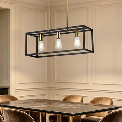 Farmhouse Kitchen Island Lighting, Modern Industrial Chandelier, 3-Light Black&Brushed Brass Linear Rectangular Pendant Light Fixtures for Farmhouse Kitchen Dining Room Bar Foyer - color: Black&Brass, size: 3 Lights