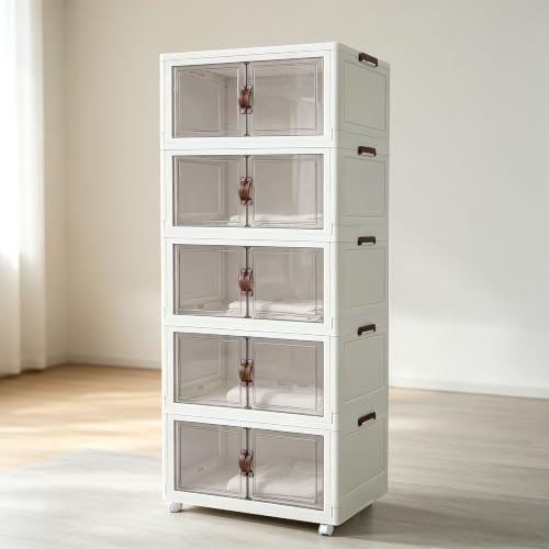 5‑Pack Foldable Stackable Storage Boxes, 631 QT Organizer Container with Magnetic Doors & Wheels for Home, Garage, Office (27.56" W x 17.91" D x 76.77" H) - size: 5PACK-27.56"W17.91"D76.77"H