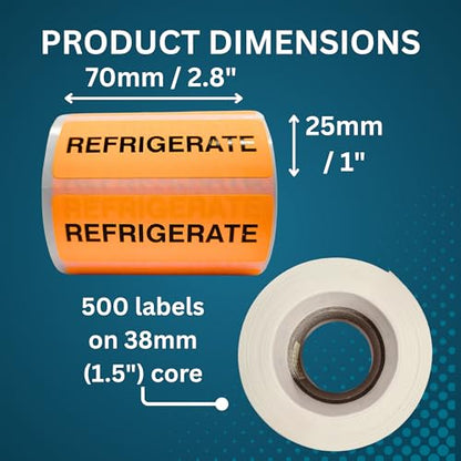REFRIGERATE Food, Medicine & Pharmacy Labels, 500 Fluoro Orange Stickers, 2.8" x 1" (70mm x 25mm), Shipping & Handling - style: REFRIGERATE