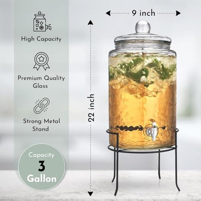 3 Gallon Glass Drink Dispenser with Metal Stand & Lid – Hammered Beverage Dispenser with Leakproof Spigot, Wide Mouth for Easy Fill – Ideal for Parties, Lemonade, Iced Tea, Sangria & More - color: Clear - 3 Gallon