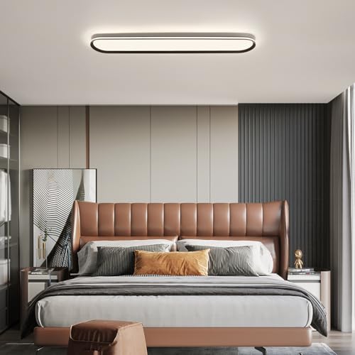 ADISUN Modern LED Ceiling Light Dimmable Linear Ceiling Light 39.4in Semi Flush Mount Long Lights with Remote Control and Side Lighting for Living Room Kitchen Dining Room (65W) - color: Black-1Pack, size: 39 Inch