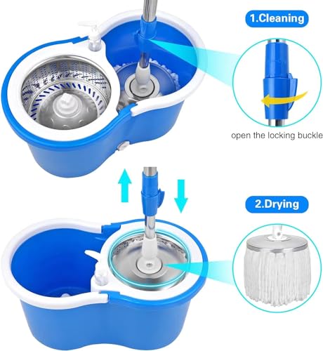 Spin Mop and Bucket with Wringer Set, 360° Spin Mop & Bucket Floor Cleaning System Mop Bucket with 61" Adjustable Extended Handle 3 Replacement Microfiber Refills, Set of 2 - color: Blue-2
