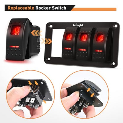 Nilight 4 Gang Rocker Switch Panel SPST On Off 5PIN Electrical Toggle Red - color: Red, size: 4 Gang