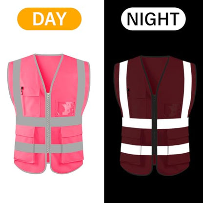 HYCOPROT High Visibility Safety Reflective Vest with Pockets and Zipper, Meets ANSI/ISEA Standards - color: Pink, size: 3X-Large