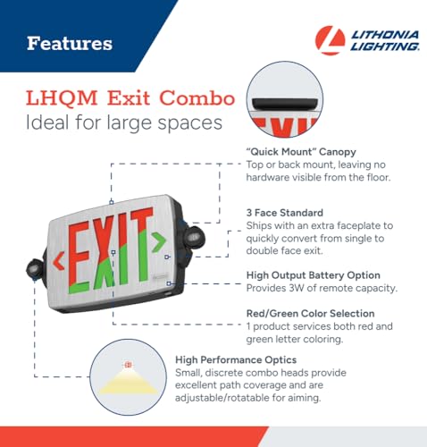 Lithonia Lighting Quantum LED Exit Sign Emergency Light Combo, Exit Sign and Emergency Lights for Business, 2-Head Fixture, Red/Green Selectable Letters, Brushed Silver (LHQM S BBS RG MVOLT M6) - color: Red/Green Selectable - Brushed Silver, size: 16.5" |
