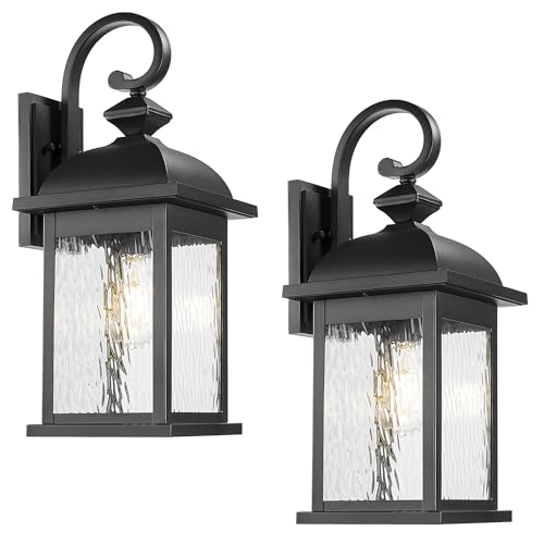 FEMILA 21" Large Exterior Wall Light Fixtures, 2 Pack Anti-Rust Waterproof Outdoor Wall Lantern Porch Lights for Entryway, Patio, Garage, Doorway, Matte Black, 4FD54B2-2PK BK-WP - color: Matte Black, Water Ripple Glass, size: 21", 2 Pack