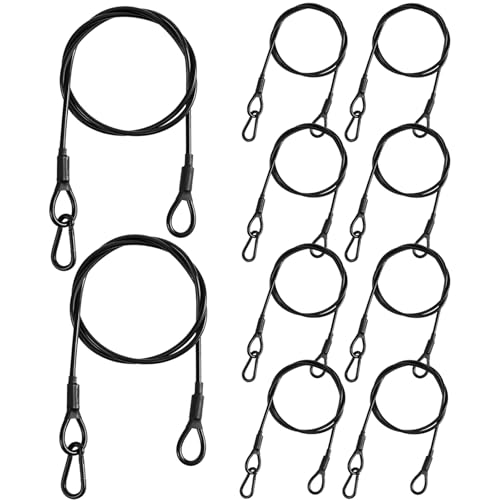 10-Pack Safety Security Cables for DJ Stage Lighting, 2ft Stainless Steel Cable with 5/32" Diameter, Black Ropes with Loops and Carabiner for Safe Attachment - size: 5/32"+2ft+10pcs
