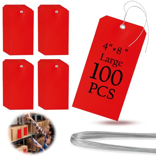 100 Large Plastic Tags - 4x8 inch, Heavy Duty, Waterproof, Writable, Blank, Hang Tags for Luggage, Garage, Inventory, Car Parts (Red) - color: Red