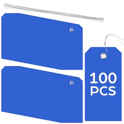 100 Pack Blue Plastic Shipping Tags with Wire Ties, 4.72 x 2.36 inches Heavy Duty Industrial Hang Tags, Blank Identification Labels for Warehouse, Inventory & Outdoor Equipment (Blue) - color: Blue
