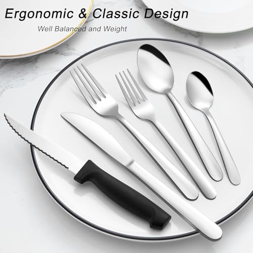 Pleafind 48-Piece Stainless Steel Silverware Set for 8 - Heavy Duty Flatware Set Including Steak Knives, Forks, Spoons and Dinner Knives, Mirror Polished Kitchen Utensils Set, Dishwasher Safe - size: 48 pieces