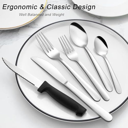 Pleafind 48-Piece Stainless Steel Silverware Set for 8 - Heavy Duty Flatware Set Including Steak Knives, Forks, Spoons and Dinner Knives, Mirror Polished Kitchen Utensils Set, Dishwasher Safe - size: 48 pieces