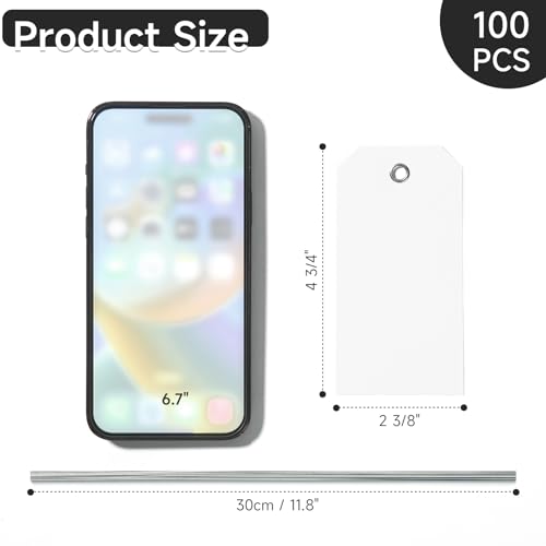 100 White Tags with String - Large Plastic Tags with Reinforced Hole for Price Machines Parts Luggage Garage Inventory (4 3/4" x 2 3/8") - color: White, size: 4 3/4" x 2 3/8"