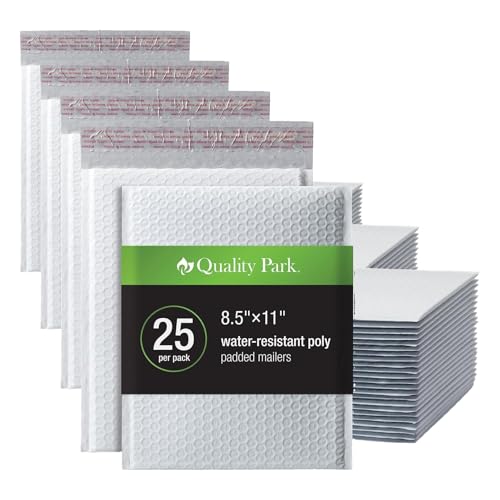 Quality Park Bubble Mailers,8.25 x 11 Shipping Envelopes,Water Resistant White Poly Padded Envelopes,Redi-Strip Peel Off Closure,25/Box (QUA85859),(Pack of 4) - size: One Size (Pack of 4)