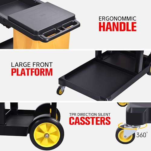 Matthew Commercial Traditional Cleaning Janitorial 3-Shelf Cart,500 Lbs Heavy Duty Capacity Housekeeping Cart,51"L x 21"W x 39"H,Wheeled with 25 Gallon Zippered Yellow Vinyl Bag and Cover w lid,Black