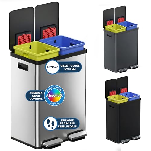 iTouchless 16 Gallon Dual Kitchen Trash Can/Recycle Bin | 2 Odor Filters - color: Brushed Silver, Black Lid, 16 Gal
