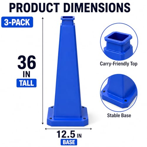 BESEA 3 Pack 36 Inch Blue Traffic Cones with Weighted Base - color: Blue, size: 36INCH