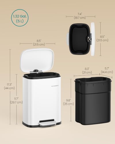 SONGMICS 1.3 Gallon (5 L) Trash Can, Stainless Steel, Step-On Pedal - color: White, size: 1.3 Gal.
