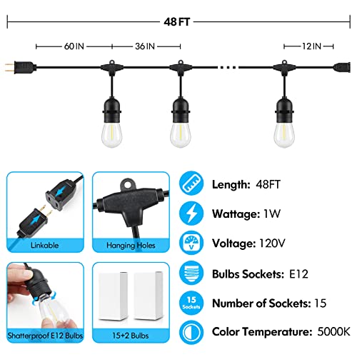 Lakumu 48FT Outdoor String Lights with Shatterproof E12 S14 Edison Bulbs - color: Black-5000K, size: 48FT
