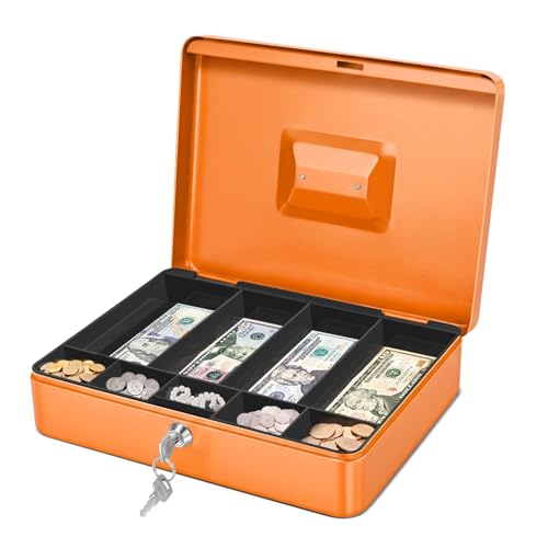 Flexzion Small Cash Box with Money Tray and Lock, 11.4-Inch, Orange - color: Orange