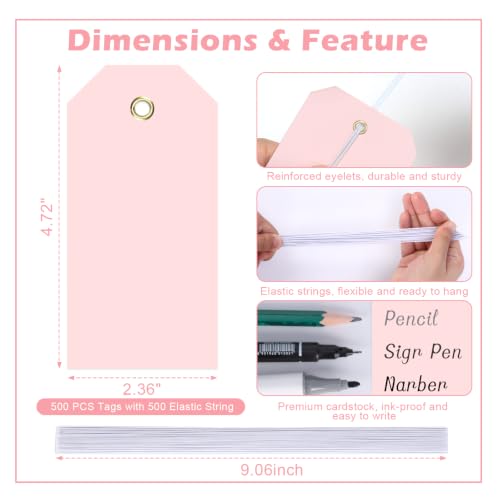 500 Pcs Pink Hang Tags with Elastic String 4 3/4" X 2 3/8" Blank Paper Gift Tags with Reinforced Hole Writable Price Shipping Tags for Inventory Retail Labeling Wedding Favors Valentine's Day - color: Pink, size: 4 3/4" × 2 3/8"