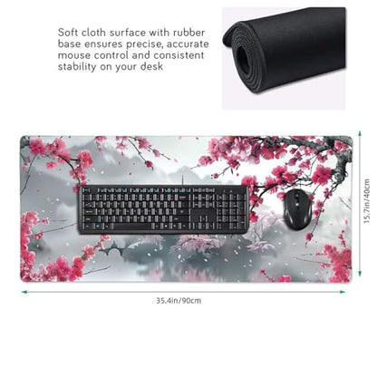 35.4 x 15.7 in, Waterproof XXL Large Mouse Pad for Desk, Extended Keyboard Mouse Mat for Computer Office, Big Laptop Mouse pad, Gaming Pc-Pink Cherry Blossom - color: Pink Cherry Blossom