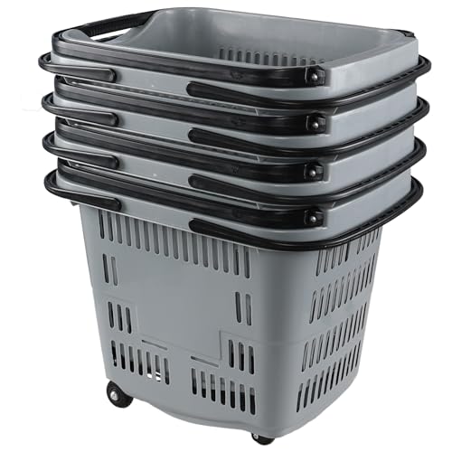 Teyyvn 4 PCS 50L Plastic Rolling Shopping Basket with Handle, Gray