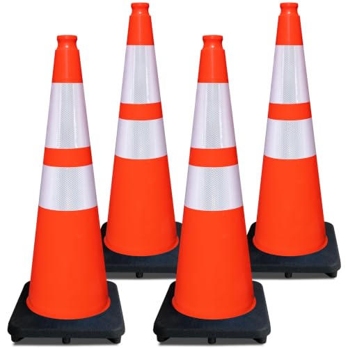 28 Inch Orange Traffic Cones, 4 Pack Heavy Duty PVC Safety Cones - color: Orange