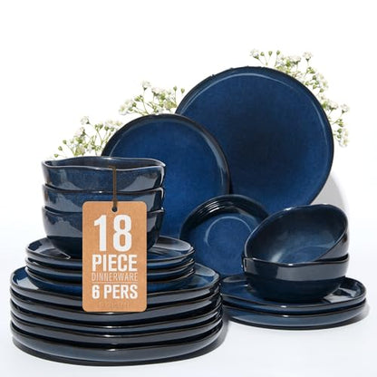 Pokini Stoneware Dinnerware Sets for 6, 18Pcs Ceramic Plates and Bowls Sets - color: Starry Blue, size: Set (18pcs)