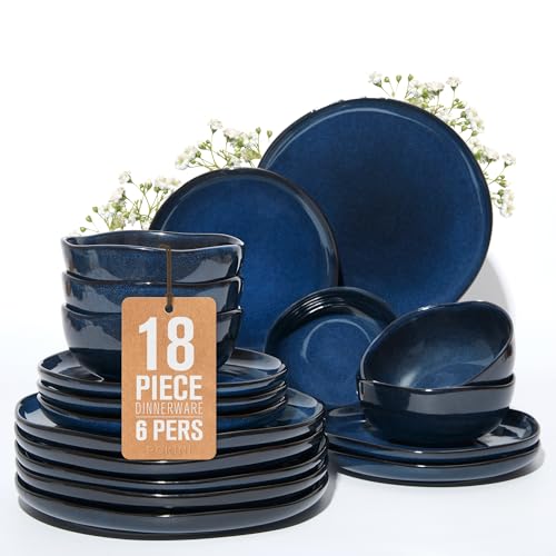 Pokini Stoneware Dinnerware Sets for 6, 18Pcs Ceramic Plates and Bowls Sets - color: Starry Blue, size: Set (18pcs)