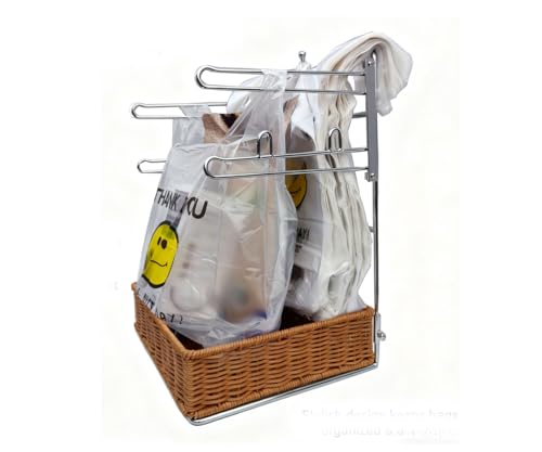 Plastic bag holder with a rattan-woven basket base, grocery bag organizer, space-saving bag storage, neat and easy to grab, perfect for the kitchen, shops, restaurants, and commercial use