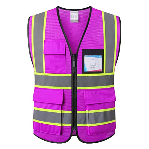 Reflective Safety Vest for Men Women Hi Vis Vest with 8 Pockets High Visibility Mesh Reflective Vest (Purple-07, Large) - color: Purple, size: Large
