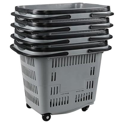 50 Liter Large Plastic Shopping Basket with Wheels, 4 Pack, Gray