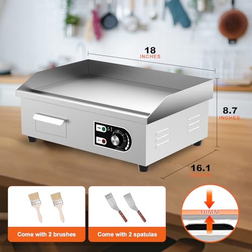 18’’ Commercial Electric Griddle - Electric Cast Iron Griddle w/Stainless Steel Material and Non-Stick, 110V Commercial Griddle w/ 1/2" Thick Iron Cooking Plate for Indoor and Restaurant - size: 18 inch