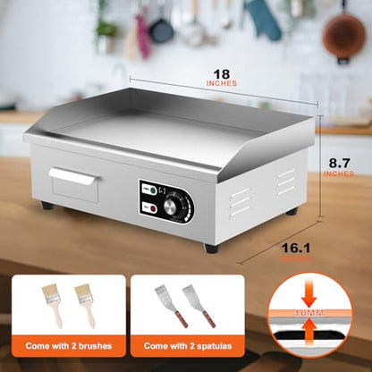 18’’ Commercial Electric Griddle - Electric Cast Iron Griddle w/Stainless Steel Material and Non-Stick, 110V Commercial Griddle w/ 1/2" Thick Iron Cooking Plate for Indoor and Restaurant - size: 18 inch