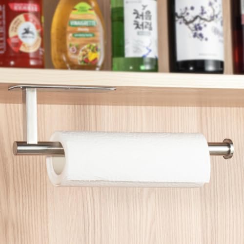ASTOFLI Paper Towel Holder Under Cabinet No Drilling, Self Adhesive Paper Towel Holder Wall Mount for Kitchen Rack, Under Counter Napin Holder No Drill, RV, 304 Stainless Steel, Silver - color: Silver