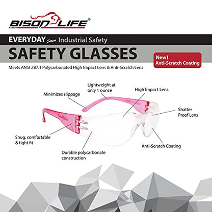 BISON LIFE Clear/Pink Safety Glasses for Men & Women ANSI Z87.1, 12 Pack - color: Clear/Pink