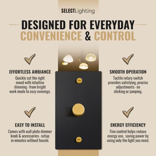 SELECT 1 Gang Solid Brass Rotary Dimmer Switch, 3-Way & 1-Way Compatible - color: Black with Brass, size: 1 Gang, style: 1/3-Way Dimmer