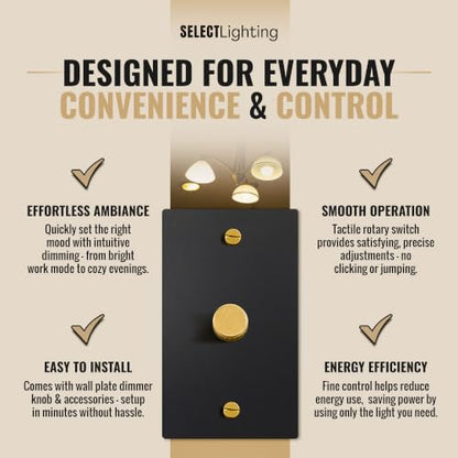 SELECT 1 Gang Solid Brass Rotary Dimmer Switch, 3-Way & 1-Way Compatible - color: Black with Brass, size: 1 Gang, style: 1/3-Way Dimmer