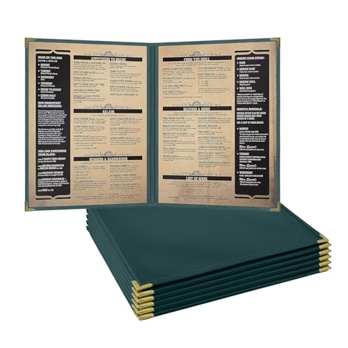 Goodsmart Pajco Style Restaurant Menu Covers – Pack of 10, Side-Loading Menu Holders, Single Stitched Edge, Clear Vinyl Menu Sleeves, Leatherette Trim, Gold Corners, Green, 4 View (8.5" x 11") - color: Green, size: 4 View - 8.5" x 11"