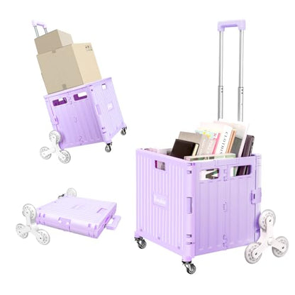 Rolling Crate with Stair Climbing Wheels, Foldable Utility Cart with Detachable Lid & Telescoping Handle, Portable Rolling Cart Tote Basket for Teacher Upstairs Grocery Shopping