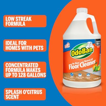 OdoBan Pet Solutions No Rinse Neutral pH Floor Cleaner Concentrate, Made in the USA, Splash O' Citrus Scent, 2 Gallons - size: 128 Fl Oz (Pack of 2)