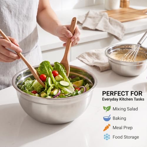 Stainless Steel Mixing Bowls with Lids, 7-Piece Nesting Bowl Set, 0.6–5.5 QT, Includes 14 Measuring Spoons for Baking, Cooking and Meal Prep, Khaki - size: 7+14 - Bowls & Spoons