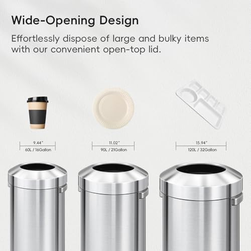 EKO 32-Gallon Round Stainless Steel Open Top Trash Can, Large Commercial Waste Bin with Detachable Lid and Carrying Handle, Brushed Metal Garbage Bin for Home, Office, Restaurant, Restroom - color: Stainless Steel, size: 120 Liter, Round
