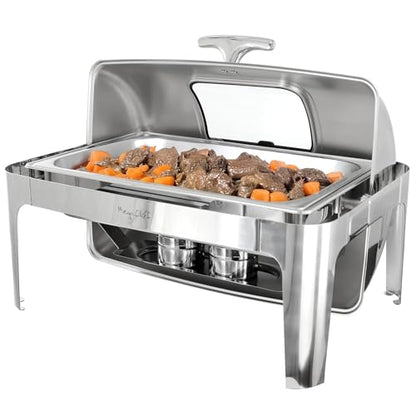 MegaChef 9.5 Quart Oblong Roll Top Stainless Steel Professional Kitchen Chafing Dish/Food Warmer/Buffet Server Serving Trays for Entertaining, Catering, Large Gatherings (9.5 Quart w/Window) - size: 9.5 Quart w/ Window