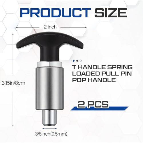 2 Pcs Steel Handle Locking Spring Loaded Pull Pin T Knob Spring Plunger Loaded Pull Pop Pin Shank Knob Plastic Handle for Welding Shelve Industrial Rack System Fitness 3.15 Inch (3/8 Inch) - size: 3/8 Inch