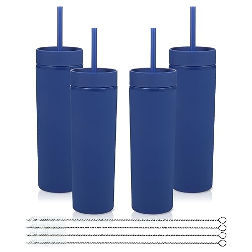 Volhoply 16oz Plastic Skinny Tumbler with Lid and Straw Bulk 4 Pack,Insulated Double Wall BPA Free Matte Acrylic Tumblers,Iced Coffee Travel Mug Reusable Party Cup,Customizable Diy Gifts(Navy,4 Set) - color: Navy
