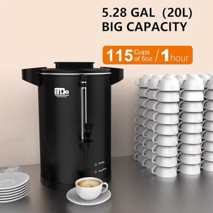 115-Cup 20L Commercial Coffee Urn, Festa Essential 1500W Double Wall Large Percolate Coffee Maker Stainless Steel Hot Water Urn Dispenser with Double Dripless Faucet, Quick-Brewing for Catering, Black - size: 20L-115Cups
