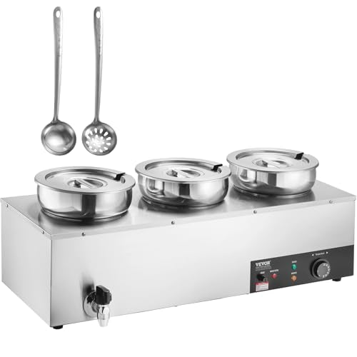 VEVOR Electric Soup Warmer, Three 7.4QT Stainless Steel Round Pot 86~185°F Adjustable Temp, 1200W Commercial Bain Marie with Anti-dry Burn and Reset Button, Soup Station for Restaurant, Buffet, Silver - size: 3*7.4QT