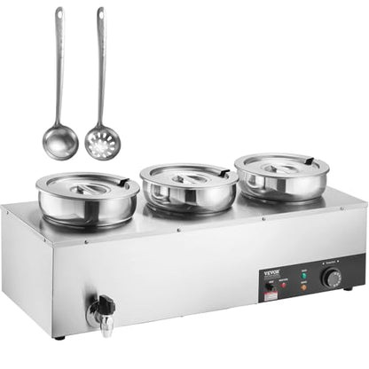 VEVOR Electric Soup Warmer, Three 7.4QT Stainless Steel Round Pot 86~185°F Adjustable Temp, 1200W Commercial Bain Marie with Anti-dry Burn and Reset Button, Soup Station for Restaurant, Buffet, Silver - size: 3*7.4QT