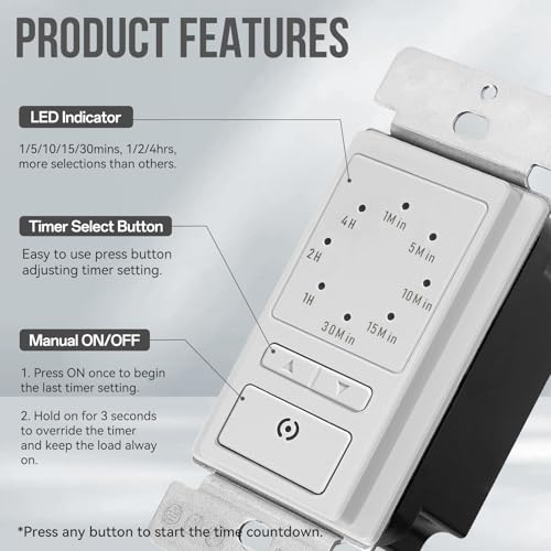 ECOELER Light Timer Switches, 15A Countdown in Wall Timer with Manual Override, 1-5-10-20-30-60 Min, 2-4 Hour Selectable, for Bathroom Exhaust Fan and Light, White, 4 Pack - color: White, size: 4 - Pack